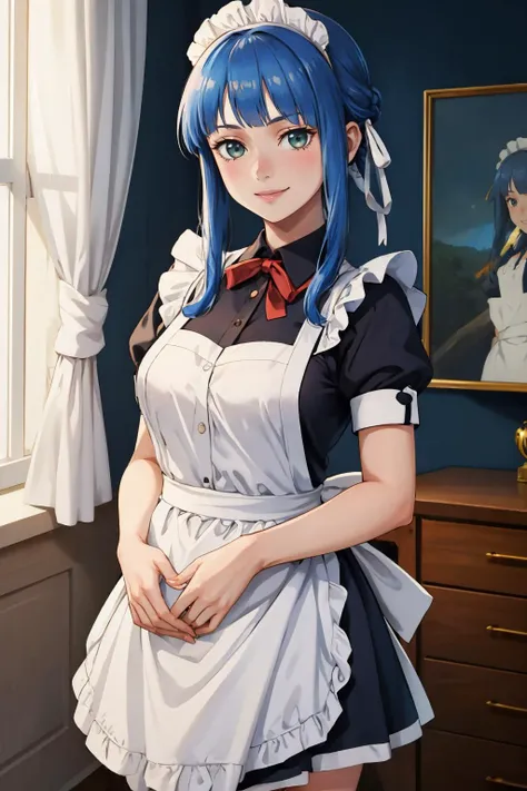 masterpiece, best quality,  <lora:danartemis-nvwls-v1-000010:0.8> danArtemis, long hair, hair ribbon, maid uniform, maid headdress, apron, cowboy shot, looking at viewer, smile, bedroom