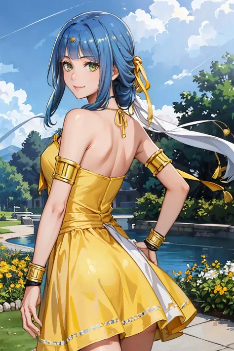 masterpiece, best quality,  <lora:danartemis-nvwls-v1-000010:0.8> danArtemis, green eyes, long hair, low ponytail, hair ribbon, circlet, armlet, (yellow sundress), from behind, looking at viewer, smile, blue sky, clouds, garden <lora:edgChamYellowSundress:1> edgYSD,woman wearing a yellow sundress