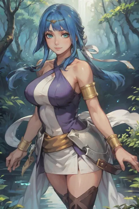 (masterpiece, best quality, ultra detailed, beautiful illustration), atmospheric perspective, depth of field, looking at viewer, beautiful detailed eyes, anime eyes:1.4, (cowboy shot), action pose, dynamic angle, (outdoors, forest), 1girl, sexy smile, (huge breasts), <lora:danartemis-nvwls-v1:0.8> danArtemis, long hair, hair ribbon, circlet, halterneck, criss-cross halter, white and purple dress, armlet, white skirt, thigh boots