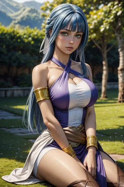 super quality, many details, a sexy warrior, with a short skirt, holding a bow, with a low-cut T-shirt, big breasts, big blue eyes, hair in a ponytail, piercing gaze, boots, hair in two shades of purple and blue, wide bracelets on the hands, a jungle in the background, tanned skin, athletic constitution, provocative,