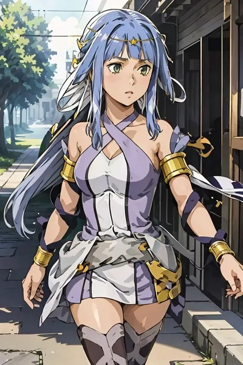 (masterpiece, best quality), 1girl, <lora:danartemis-nvwls-v1:1> danArtemis, long hair , hair ribbon, circlet, halterneck, criss-cross halter, white and purple dress, armlet, white skirt, thigh boots