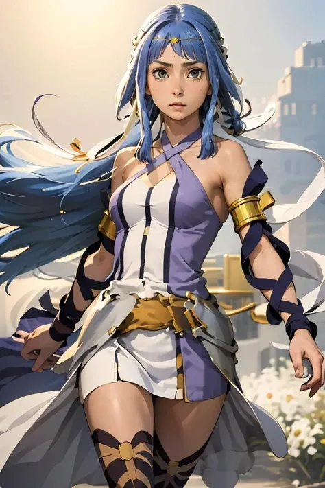 (masterpiece, best quality), 1girl, <lora:danartemis-nvwls-v1:1> danArtemis, long hair , hair ribbon, circlet, halterneck, criss-cross halter, white and purple dress, armlet, white skirt, thigh boots