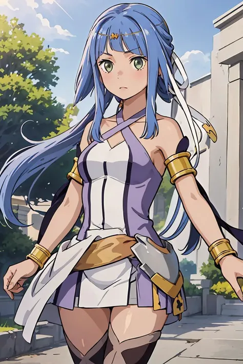 (masterpiece, best quality), 1girl, <lora:danartemis-nvwls-v1:1> danArtemis, long hair , hair ribbon, circlet, halterneck, criss-cross halter, white and purple dress, armlet, white skirt, thigh boots