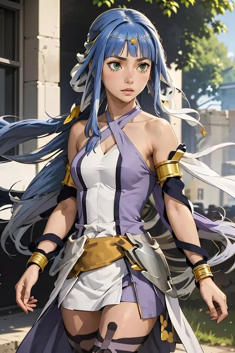 (masterpiece, best quality), 1girl, <lora:danartemis-nvwls-v1:1> danArtemis, long hair , hair ribbon, circlet, halterneck, criss-cross halter, white and purple dress, armlet, white skirt, thigh boots