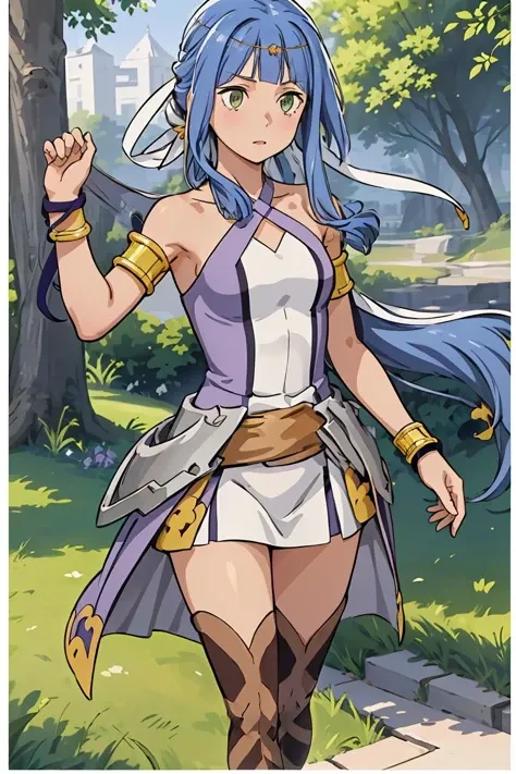 (masterpiece, best quality), 1girl, <lora:danartemis-nvwls-v1:1> danArtemis, long hair , hair ribbon, circlet, halterneck, criss-cross halter, white and purple dress, armlet, white skirt, thigh boots