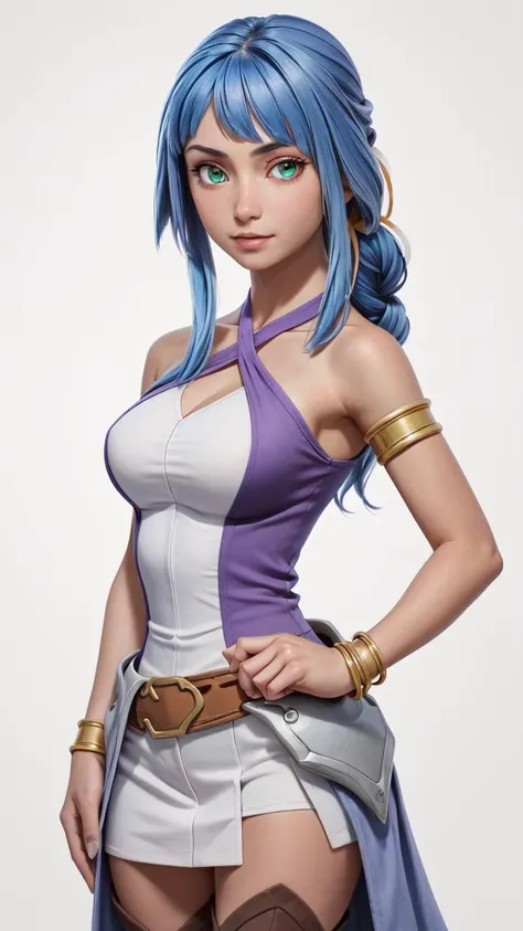 (1girl, solo, masterpiece, 4k, best quality:1.2, ((cowboy shot)), best quality:1.2, NICE HANDS, COLORFUL, (perfect hands, perfect anatomy)),
danArtemis, long hair, hair ribbon, circlet, halterneck, criss-cross halter, white and purple dress, armlet, white skirt, thigh boots,
((medium breasts, big hips, looking at the viewer)),
((simple background, white background)),
<lora:GoodHands-vanilla:0.7>