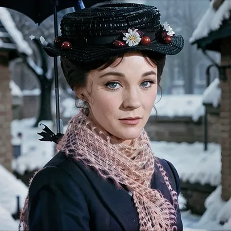 Mary Poppins , detailed eyes, turtleneck, snow, photography, trending on artstation, sharp focus, studio photo, intricate details, highly detailed, by greg rutkowski   <lora:Mary Poppins:0.8>