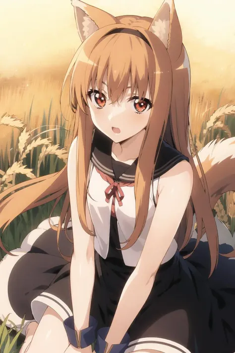 horo, 1girl, animal ears, wheat field,