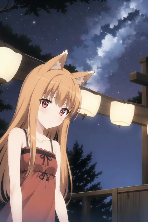 horo, 1girl, animal ears,  night sky, dress, stars