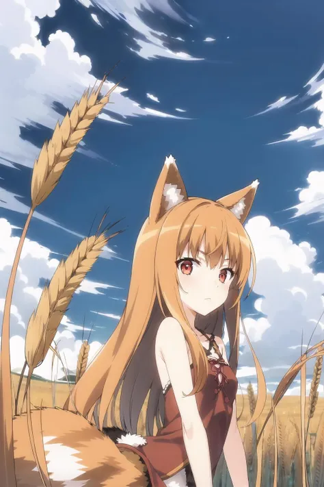 horo, 1girl, animal ears, wheat field,