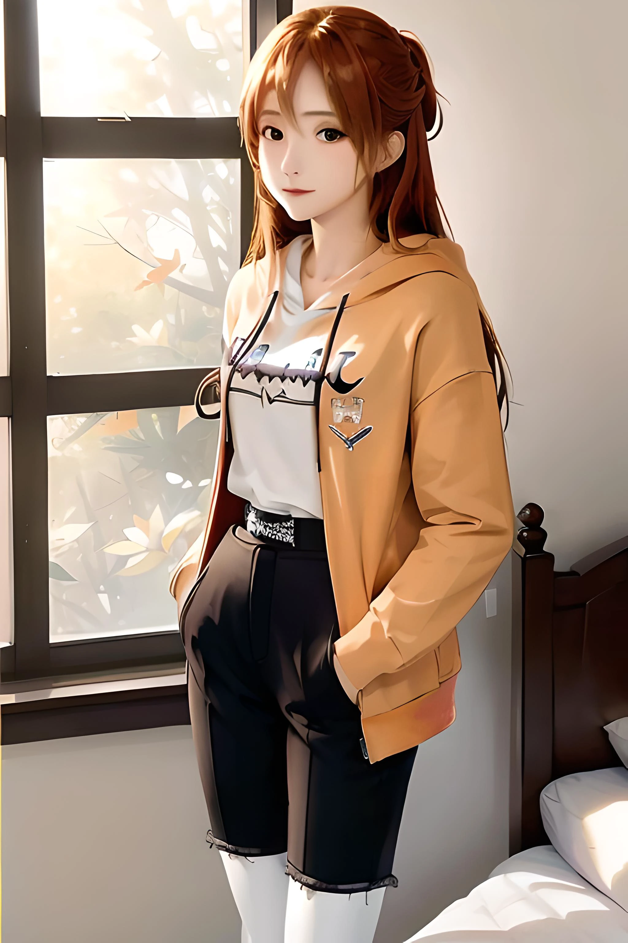 ((masterpiece)), ((best quality)), (slender_body:1.1), (wide_hips:1.2), (narrow_waist:1.2),
Asuna Yuuki, 1girl, long hair, orange hair, long hair, realistic, ultra realistic, hyper realistic, real life, highly detailed, focused,
Hoodie, Jacket, black hoodie, full pants, Full dress, full sleeve, cute face, close up, focused on face, portraits, blurred background, detailed hair, indoor, window, bed, light, soft light, shadows, detailed shadows
<lora:Asuna Yuuki 2:0.5> <lora:HoodiesLoRA:1>