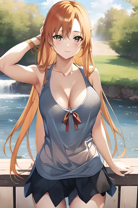 ((masterpiece)), ((best quality)), (slender_body:1.1), (wide_hips:1.2), (narrow_waist:1.2),
Asuna Yuuki, 1girl, breasts, cleavage, huge breasts, large breasts, long hair, midriff, navel, outdoors, large boobs, orange hair, long hair, skirt, miniskirt, microskirt, nice ass, big boobs, realistic, ultra realistic, hyper realistic, real life, highly detailed, focused,
<lora:downblouse-v1:0.6> <lora:microskirt_v0.2:0.6> <lora:Asuna Yuuki 2:1>