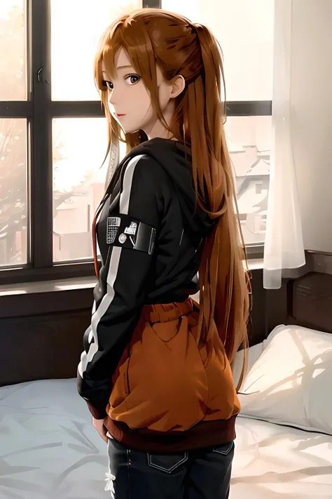 ((masterpiece)), ((best quality)), (slender_body:1.1), (wide_hips:1.2), (narrow_waist:1.2),
Asuna Yuuki, 1girl, long hair, orange hair, long hair, realistic, ultra realistic, hyper realistic, real life, highly detailed, focused,
Hoodie, Jacket, black hoodie, casual hoodiefull pants, Full dress, full sleeve, cute face, close up, focused on face, portraits, blurred background, detailed hair, indoor, window, bed, light, soft light, shadows, detailed shadows
<lora:Asuna Yuuki 2:0.5>   <lora:HoodiesLoRA:1>