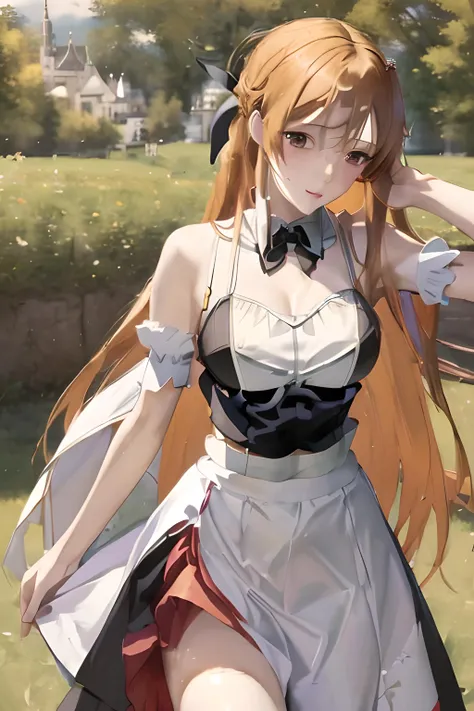 ((masterpiece)), ((best quality)), (slender_body:1.1), (wide_hips:1.2), (narrow_waist:1.2),
Asuna Yuuki, 1girl, large breasts, long hair, midriff, outdoors, large boobs, orange hair, long hair, realistic, ultra realistic, hyper realistic, real life, highly detailed, focused,
Maid Dress, Maid,
<lora:Asuna Yuuki 2:1>