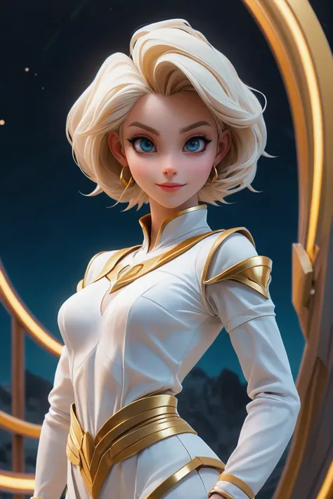 cgi, anime style, cosmic scifi settlement beyond the beginning of the universe,1girl, woman, villain, elf, outlandish costume design, bombshell hair, gold hair, short hair, aliceblue clothes, slim, atheletic figure, narrow waist, small breasts, albino<lora:EnvyStarlight2.5D01:1>