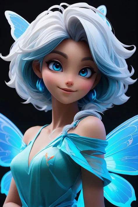 cgi, anime style, 1girl, woman, mediumturquoise Bellflower fairy princess,butterfly wings, see-through gossamer, bombshell hair, white hair, Peekaboo Color, iridescent darkblue clothes, toned hourglass figure, caucasian<lora:EnvyStarlight2.5D01:1>