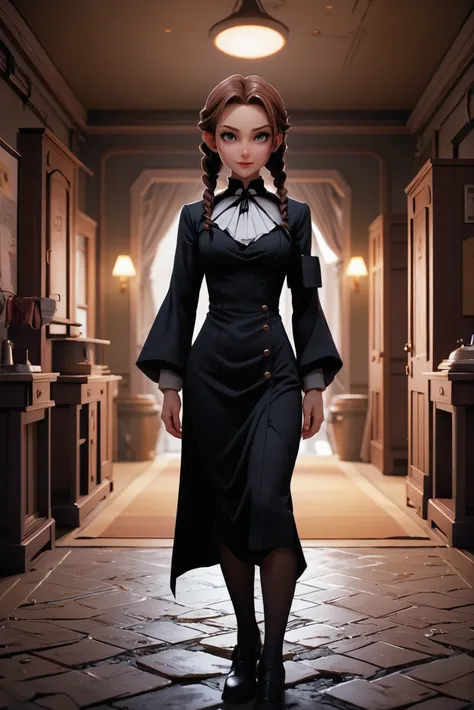 cgi, anime style, Butler Service Quarters \(room\) in a abandoned scifi town outside of the universe,1girl, woman, vampire queen, wicked witch, (flowing dress:1),(high collar:1.3), bombshell hair, brown hair, french braids, antiquewhite clothes, slim, atheletic figure, narrow waist, medium breasts, japanese<lora:EnvyStarlight2.5D01:1>