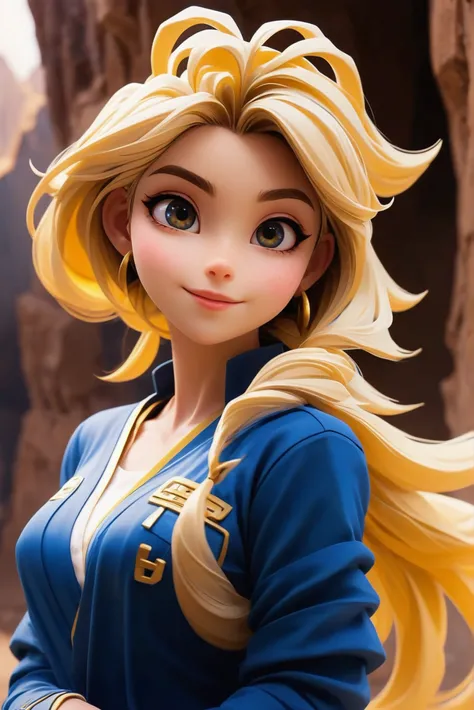 cgi, anime style, 1girl, woman, (dreamy Hydrogen:1.3) cute angel, [:seductive costume design,:0.2], bombshell hair, gold hair, ponytail, muted midnightblue clothes, average figure, chinese,Sphinx's Riddle Canyon<lora:EnvyStarlight2.5D01:1>