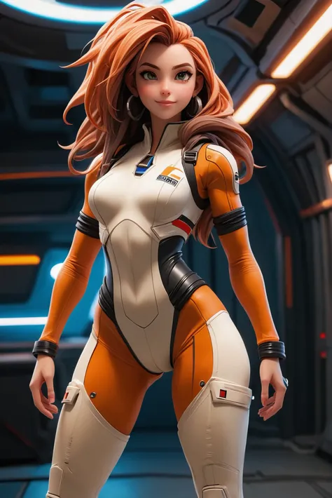 cgi, anime style, 1girl, woman, scifi, rocketpunk,nano-eden,magitech, starfighter pilot, full body, wearing glimmering color:wheat plugsuit, bombshell hair, copper hair, Dreadlocks, ivory clothes, slim figure, narrow waist, tight ass, medium breasts, caucasian<lora:EnvyStarlight2.5D01:1>