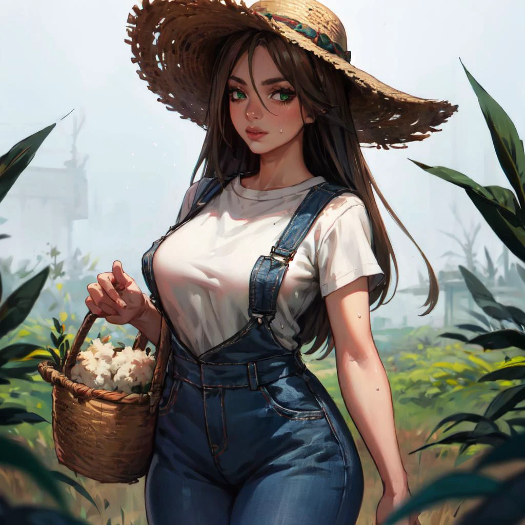 <lora:SimpleImprove_3:1> , nyx, brown hair, long hair, green eyes, overalls, jeans, white shirt, straw hat, sweating, holding farming, using a hoe, farm, rows of crops <lora:Nyx:.9> ,, best quality, 8k, 4k, ornate, Detailed Illustration, intricate, sharp focus, ray tracing, light particles, ultra-high-detailed, volumetric lighting,perfect lighting, cinematic lighting,