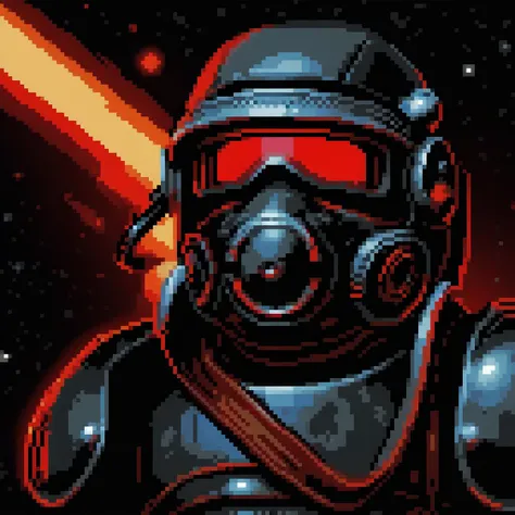 This sci fi soldier has a helmet with a red glowing visor that covers their entire face and illuminates their eyes.  They are wearing dark battle armor and carrying an assault rifle , outer space background, gasmask, full body  <lora:pixelportraits192-v1-2151:0.75>