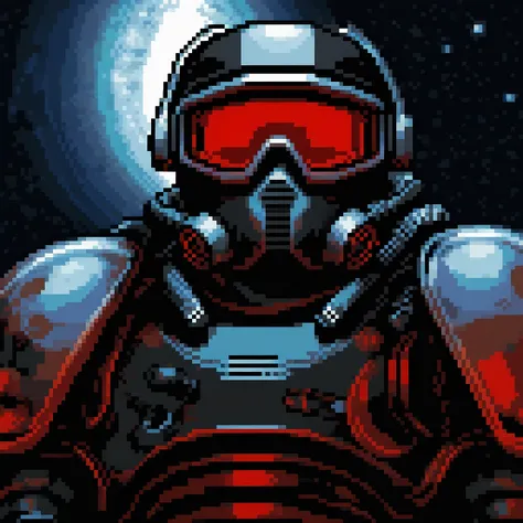 This sci fi soldier has a helmet with a red glowing visor that covers their entire face and illuminates their eyes.  They are wearing dark battle armor and carrying an assault rifle , outer space background, gasmask, full body  <lora:pixelportraits192-v1-2151:0.75>