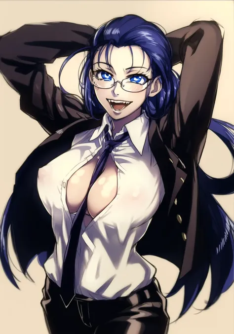 masterpiece, best quality, 1girl, solo, vanwinkle, standing,  female focus, blue eyes, messy hair, suit, glasses, necktie, big breasts, teeth, [[open mouth]], formal, smile, simple background, pants, <lora:vanw:0.8>