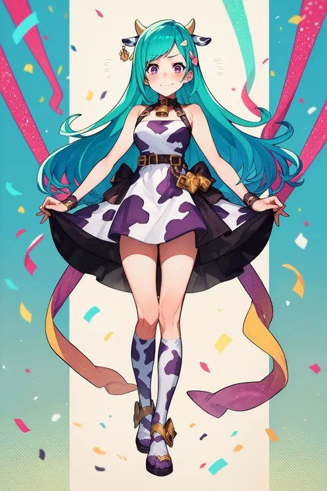 score_9, score_8_up, score_7_up, 1girl, looking at viewer, arms_up, embarrassed nose blush smile, aqua hair, multicolored hair, swept bangs, hair ornament, purple eyes, medium breasts, dark purple cow costume, straight-on, full body, colorful background, confetti, <lora:mika_pikazo_PonyXL_style_v01:1>