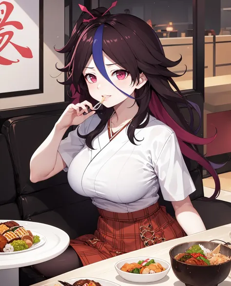 ((masterpiece, best quality, high detailed:1.2)), 8k uhd, 1girl, slender, looking at viewer, parted lips, smirk, white shirt, shirt, skirt, upper body, brown skirt, crop top, large breasts, petite, <lora:HouraijiReduxV1-08:0.8>, houraiji, hair accessory, sitting, eating at japanese restaurant, japanese restaurant background