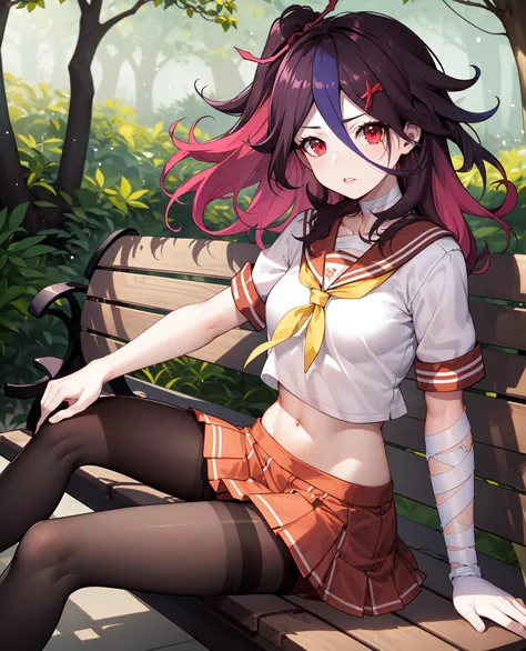 ((masterpiece, best quality, high detailed:1.2)), 8k uhd, 1girl, slender, solo, <lora:HouraijiReduxV1-08:0.8>, houraiji, houraiji classic, ((parted lips, red eyes:1.2)), (medium breasts:1.2), long hair, ((serafuku, purple hair, two tone hair, underwear)), ((midriff, miniskirt, pantyhose:1.4)), ((facing viewer:1.4)), day, vivid colors, bandages, ((sitting, bench, forest))