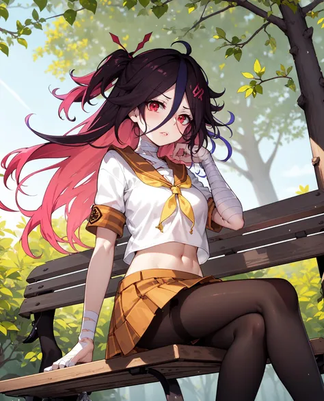 ((masterpiece, best quality, high detailed:1.2)), 8k uhd, 1girl, slender, solo, <lora:HouraijiReduxV1-08:0.8>, houraiji, houraiji classic, ((parted lips, red eyes:1.2)), (medium breasts:1.2), long hair, ((serafuku, purple hair, two tone hair)), ((midriff, miniskirt, pantyhose:1.4)), ((facing viewer:1.4)), day, vivid colors, bandages, ((sitting, bench, forest))