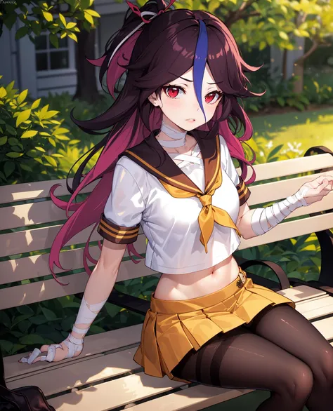 1girl,masterclass,best quality, illustration, outdoors,cowboy shot,PurifierDefault, park bench, on bench, park, black_gloves, black_shorts, crop_top, headgear, ponytail, sailor_collar, sailor_shirt, short_sleeves, smile, flat_chest, yellow_neckerchief, micro_shorts, black_sailor_collar, <lora:purifier_D8_V2_e6:1>