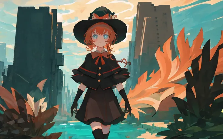 1girl,solo,
Light blue, underwater city:1.2, fish swimming in the sky, water plants,
cinematic lighting,
detailed background,
(detailed face:1),
walking,standing,
<lora:MGR_V10:0.75>,MGR,witch hat,black gloves,red ribbon,white pupil,blue eyes,orange hair,black cape,black vest,gold buttons,black skirt