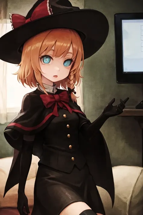 1girl,solo,
Mafia hideout, ashtray, iron array, multi-monitor computer, sofa,concrete room
cinematic lighting,detailed background,
<lora:MGR_V10:0.7>,MGR,witch hat,black gloves,red ribbon,white pupil,blue eyes,orange hair,cape,black vest,gold buttons,black skirt,