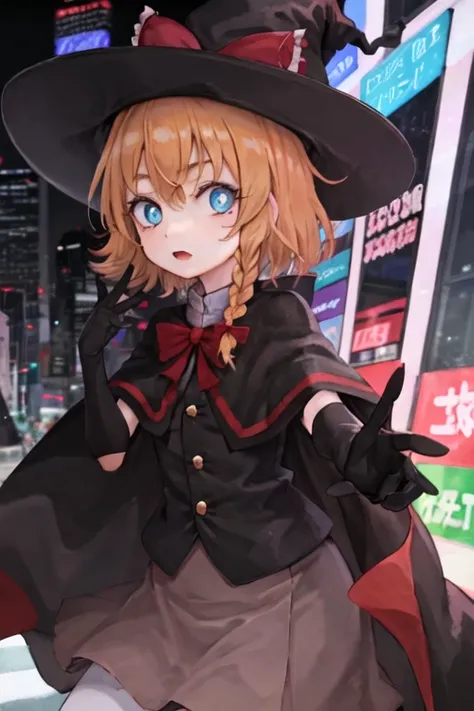 1girl,solo,
city pop, pastel,cyber neon city,akihabara,night tokyo,
cinematic lighting,detailed background,
<lora:MGR_V10:0.7>,MGR,witch hat,black gloves,red ribbon,white pupil,blue eyes,orange hair,cape,black vest,gold buttons,black skirt,