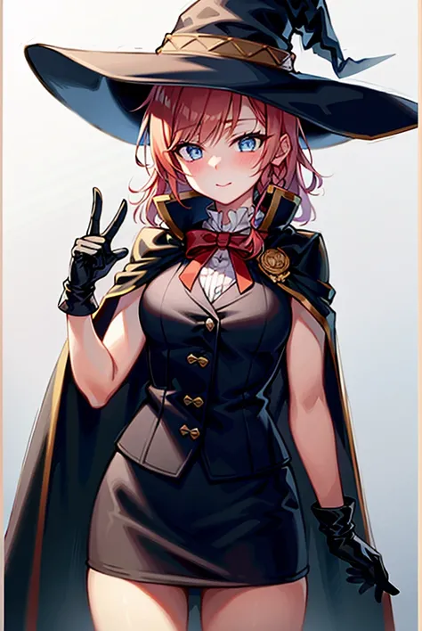 ,masterpiece,best quality,extremely detailed CG unity 8k wallpaper),(((masterpiece))),(((best quality))),((ultra-detailed)), (best illustration),(best shadow), ((an extremely delicate and beautiful)),
dynamic_angle,oil painting,
1girl,solo,blush, 
MGR,witch hat,black gloves,red ribbon,white pupil,blue eyes,orange hair,cape,black vest,gold buttons,black skirt,braid,