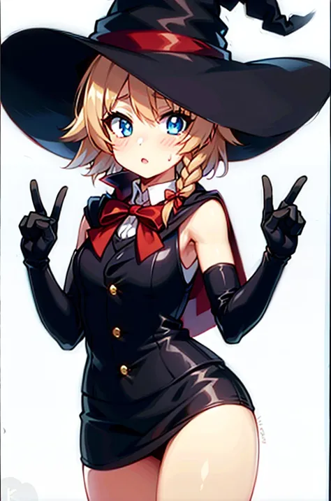 nsfw,masterpiece,best quality,extremely detailed CG unity 8k wallpaper),(((masterpiece))),(((best quality))),((ultra-detailed)), (best illustration),(best shadow), ((an extremely delicate and beautiful)),
dynamic_angle,oil painting,
1girl,solo,blush,
MGR,witch hat,black gloves,red ribbon,white pupil,blue eyes,orange hair,cape,{black vest},gold buttons,{black skirt},braid,