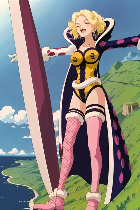 (masterpiece, best quality), honeyqueen, 1girl, breasts, smile, short hair, open mouth, large breasts, thighhighs, long sleeves, cleavage, jewelry, medium breasts, collarbone, closed eyes, :d, earrings, boots, outdoors, day, cape, leotard, coat, fur trim, thigh boots, grass, outstretched arms, polka dot, fishnets, hoop earrings, spread arms, pink footwear