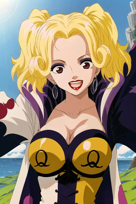 (masterpiece, best quality), honeyqueen, 1girl, solo, breasts, looking at viewer, large breasts, cleavage, twintails, upper body, makeup, laughing, :D, lipstick, cowboy shot, outdoors <lora:artkoikoi_honey_queen:0.95>