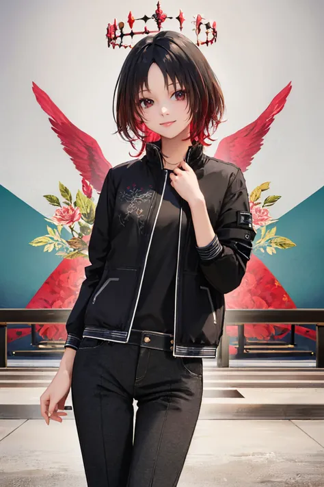 (masterpiece, best quality:1.2), solo, 1girl, kisaragi ren, smile, looking at viewer, black jacket, shirt, black pants <lora:vspo_kisaragi:1.0>