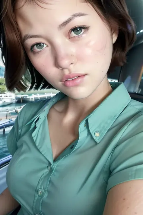 a young woman on vacation <lora:ar14sky_dreambooth:1>, on a yacht at sea, short brunette hair, cute green button up shirt, RAW, 8K, highly detailed face, (close up), (candid:1.3, amateur:1.3)