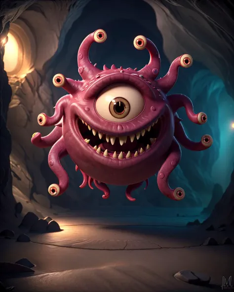 masterpiece, best quality, a beholder in a (dark cave), soft dim lighting,realistic, teeth, monster, extra eyes, tentacles,, dimly lit