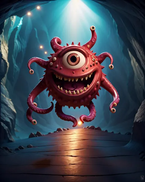 masterpiece, best quality, a beholder in a (dark cave), soft dim lighting,realistic, teeth, monster, extra eyes, tentacles,, dimly lit