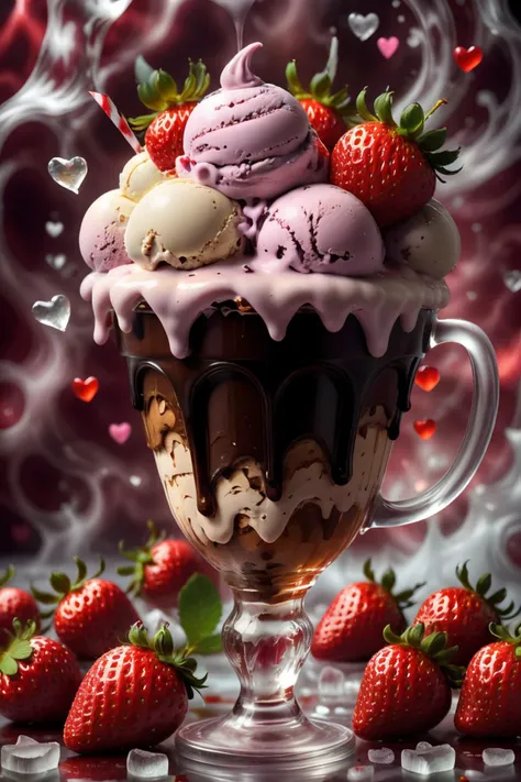 ((best quality)),absurdres,(ultra high res), ice cream, a glass filled with ice cream and strawberries, extremely detailed, <lora:icecream:0.75>