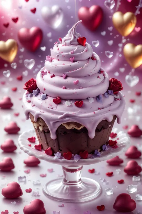 ((best quality)),absurdres,(ultra high res), ice cream, a cupcake with pink frosting and hearts on a plate, extremely detailed, <lora:icecream:0.75>