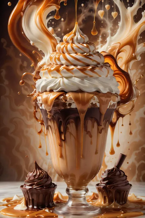 ((best quality)),absurdres,(ultra high res), ice cream, a chocolate milkshake with whipped cream and caramel, extremely detailed, <lora:icecream:0.8>