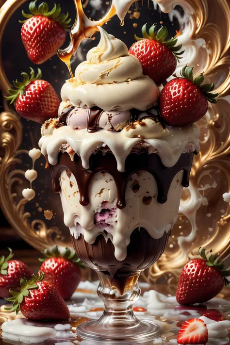 ((best quality)),absurdres,(ultra high res), ice cream, a dessert with cream and strawberries in a glass, extremely detailed, <lora:icecream:0.8>