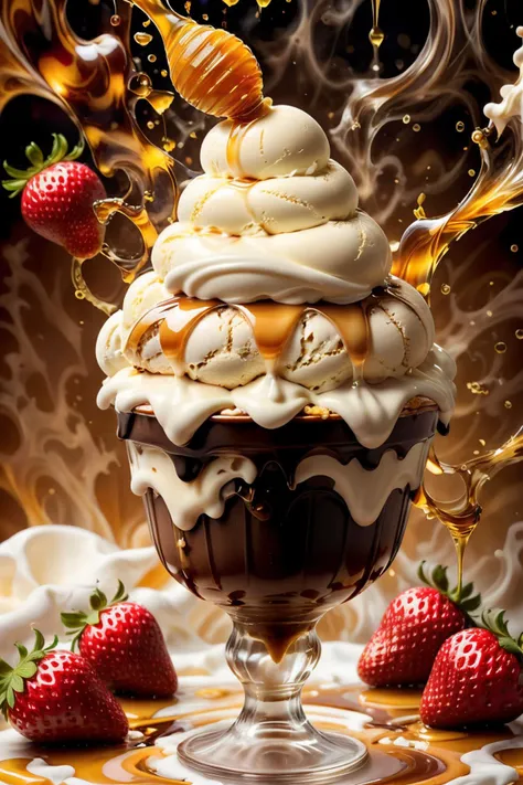 ((best quality)),absurdres,(ultra high res), ice cream, a dessert with whipped cream, strawberries, and a honey, extremely detailed, <lora:icecream:0.75>