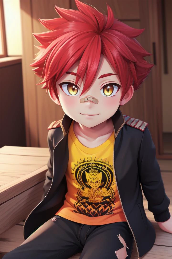 The soft lighting and detailed surroundings create an immersive environment where imagination runs wild
<lora:aizen-000007:0.7> 1boy, petitie, male focus, yellow_shirt, jacket, bandaid, bandaid on nose, aizen kunitoshi, red hair, spiky hair, yellow eyes, soft smile, boy