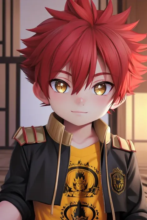 The soft lighting and detailed surroundings create an immersive environment where imagination runs wild  
 <lora:aizen-000007:0.7> 1boy, petitie,  male focus, yellow_shirt, jacket,  (bandaid on nose:0.5),  aizen kunitoshi, red hair, spiky hair, yellow eyes, soft smile,young, juvenile,little boy,
 sparkling eyes, energetic eyes